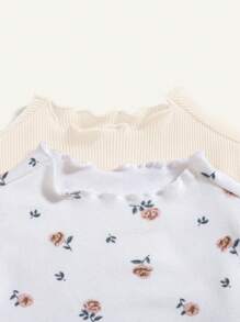 Cozy Pixies 2pcs Baby Girl Floral Pattern Round Neck Ruffle Long Sleeve Top Set - Beige - View 6