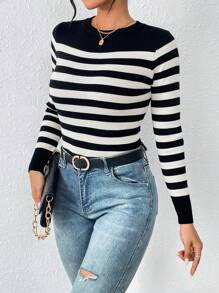 SHEIN Frenchy 女士休闲撞色条纹修身针织毛衣，春秋装，长袖上衣 - 黑與白 - 查看 3