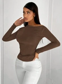 SHEIN SXY 极简主义镂空不对称单肩长袖 T 恤，适合办公室通勤 - 巧克力棕 - 查看 3