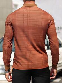 Manfinity Homme 男士休闲格子长袖 Polo 衫，秋季 - 棕色 - 查看 2