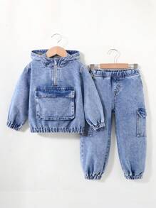 SHEIN 2pcs/Set Young Boy Stonewashed Cargo Pocket Half-Zip Hooded Blue Denim Sweatshirt And Loose Fit Cargo Denim Jogger Jeans Set ,Suitable For Young Boys Fall/Winter Clothes