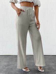 SHEIN PETITE 夏季纯色米色高腰抽绳亚麻宽腿裤 - 淺灰色 - 查看 4