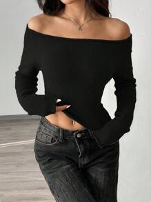 SHEIN Unity Casual Solid Color Off Shoulder Sweater, Autumn Knit Pullover Fall Winter - Black - View 5