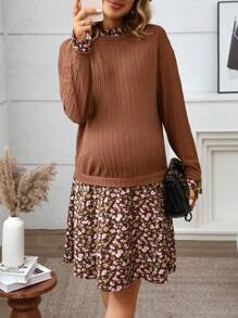 SHEIN Women's Floral Knit Patchwork Frill Trim Maternity Dress, Autumn