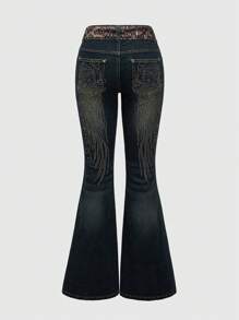 ROMWE Grunge Punk Quần Jeans Ống Loe Đính Đá Đính Hạt Họa Tiết Da Báo Cổ Điển Y2K Sexy Cho Nữ - Màu xanh lam - Xem 1