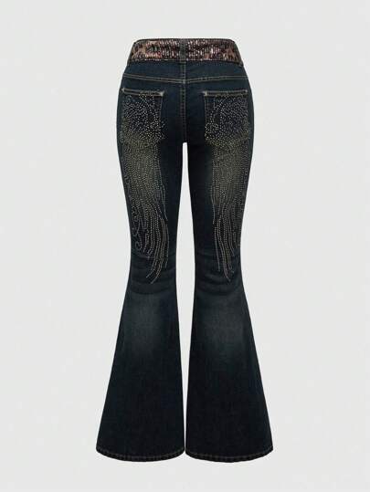 Grunge Punk Jeans évasés moulants pour femmes avec aile perlée, ornements de strass et imprimé léopard vintage sexy Y2K
