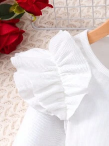 2 件套 青少年女孩荷叶边肩长袖上衣和短裙短裤套装 - 紅色 - 查看 8