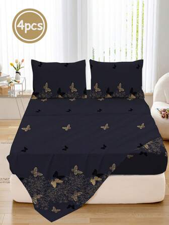 4pcs Elegant Butterfly Printed Bedding Set (1 Duvet Cover + 1 Bedsheet + 2 Pillowcases, Without Pillows), Soft & Machine Washable
