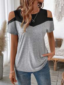 EMERY ROSE 镂空肩部拼色 T 恤图案 T 恤女式上衣 - 黑色 - 查看 5