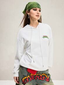TEENAGE MUTANT NINJA TURTLES | SHEIN Women's Casual Cartoon & Slogan Print Drop Shoulder Loose Pouch Pocket Drawstring Hoodie Sweatshirt, Spring Autumn