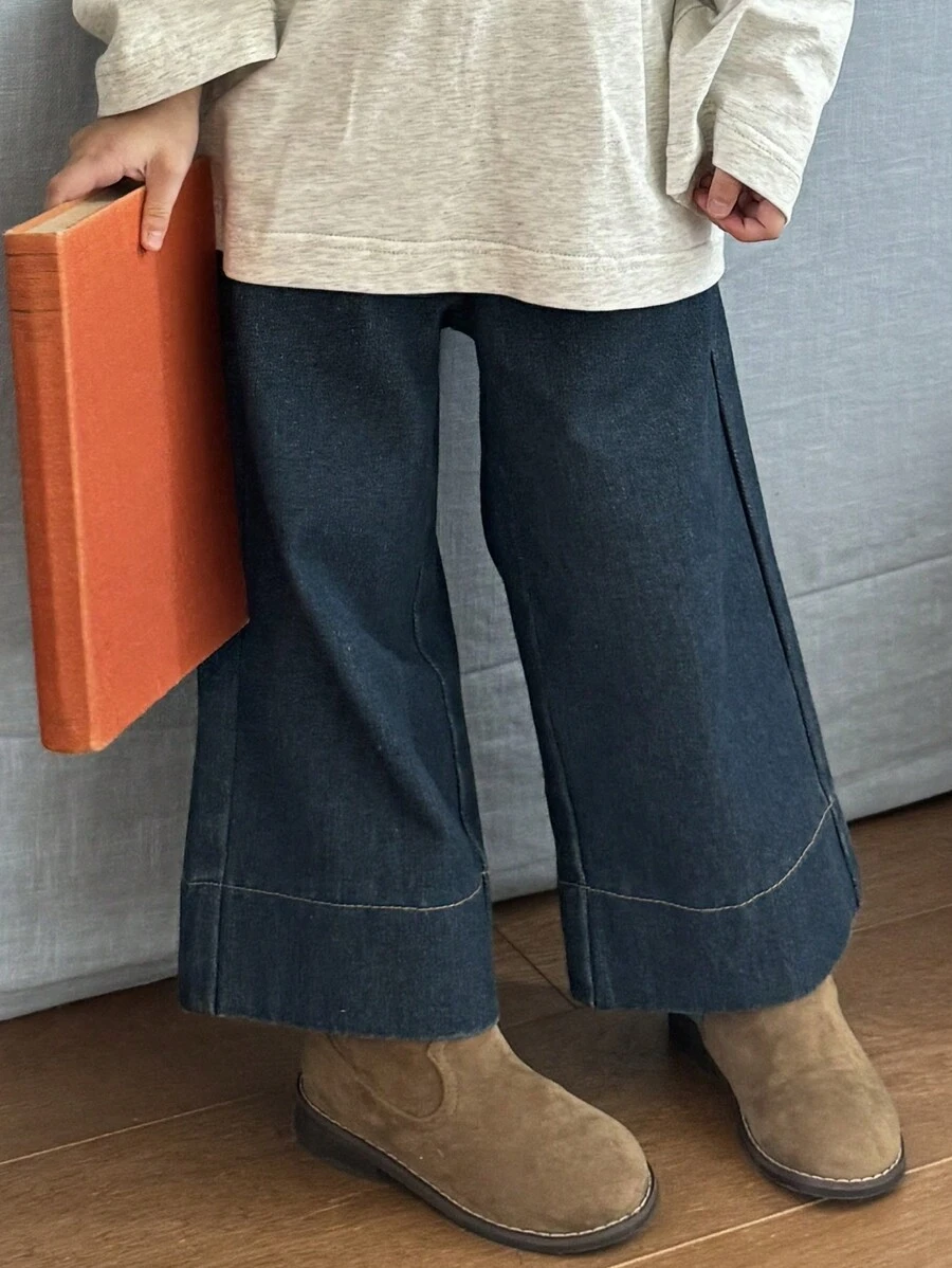 年轻女孩松紧腰口袋阔腿宽松休闲牛仔裤 - 藍色 - 查看 1