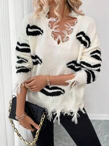 Chiquease Stylish European And American Autumn/Winter Loose Oversized V-Neck Casual Pullover Sweater With Raw Edge, Knit Pullover Fall - Multicolor - View 4
