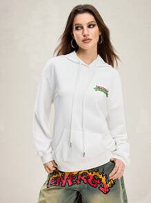 TEENAGE MUTANT NINJA TURTLES | SHEIN Women's Casual Cartoon & Slogan Print Drop Shoulder Loose Pouch Pocket Drawstring Hoodie Sweatshirt, Spring Autumn