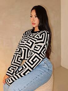 Zolique Camiseta de manga larga casual con cuello redondo y estampado total para mujer