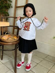 DAZY 2pcs/Set Young Girls Printed Knitted Crew Neck Top And Bottom Set, Fall - White - View 2