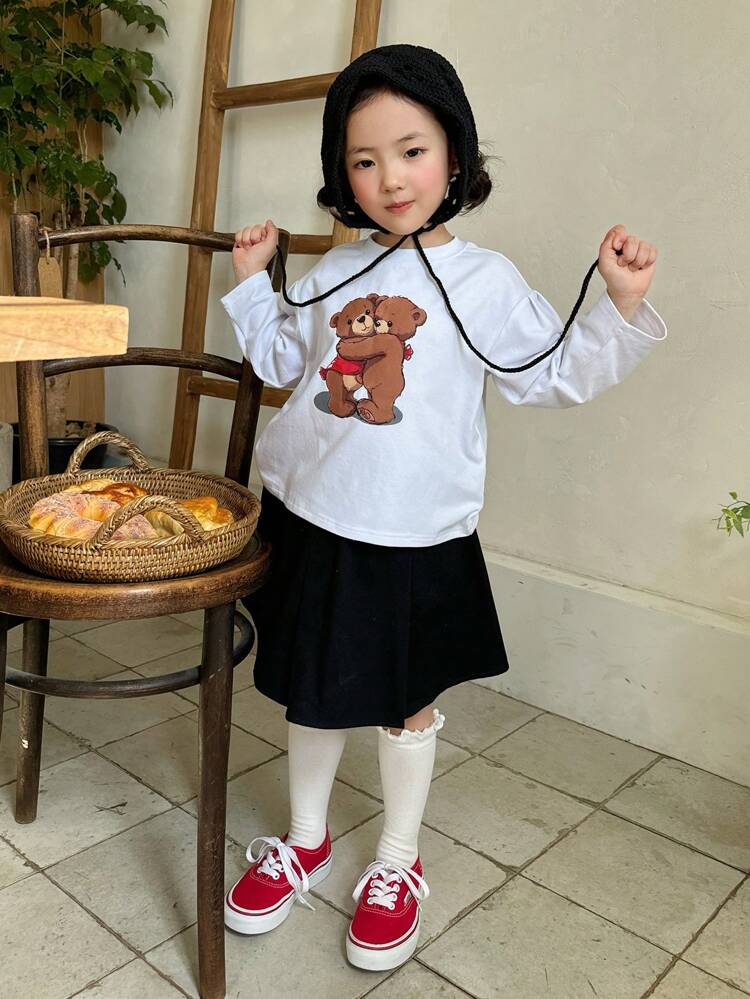 2pcs/Set Young Girls Printed Knitted Crew Neck Top And Bottom Set, Fall