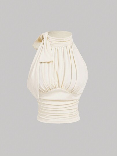 SHEIN MOD Women's Sleeveless Fashionable Fitted Charming Stand Collar Butterfly Ruched Tie-Up Apricot Blouse,Fall Tops,Work Women Tops,Club Tops,Professional Tops,Fall Clothes