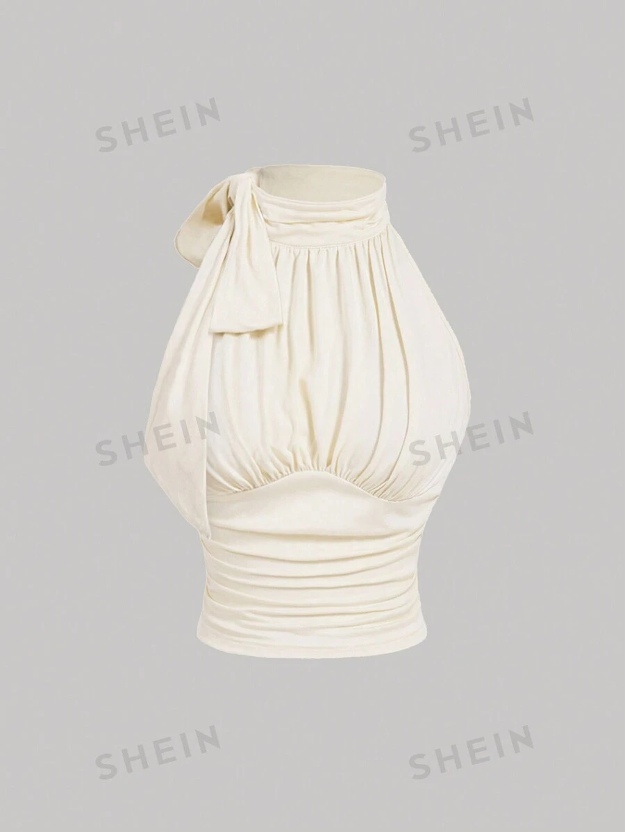 SHEIN MOD Blusa sin mangas de cuello alto con pliegues, lazo y estampado de mariposa, ajustada y elegante para mujer, en color albaricoque, para usar en otoño en el trabajo, salir de fiesta o de manera profesional