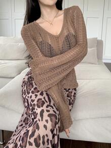 Feyla 女士性感半透明喇叭袖镂空针织修身毛衣 - 咖啡棕 - 查看 2
