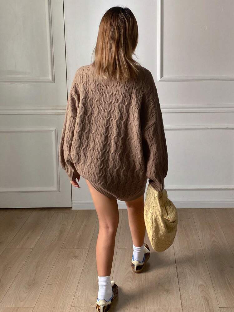 Plain Loose V-Neck Long Twist Rope Knit Sweater For Women,Fall Women Clothes