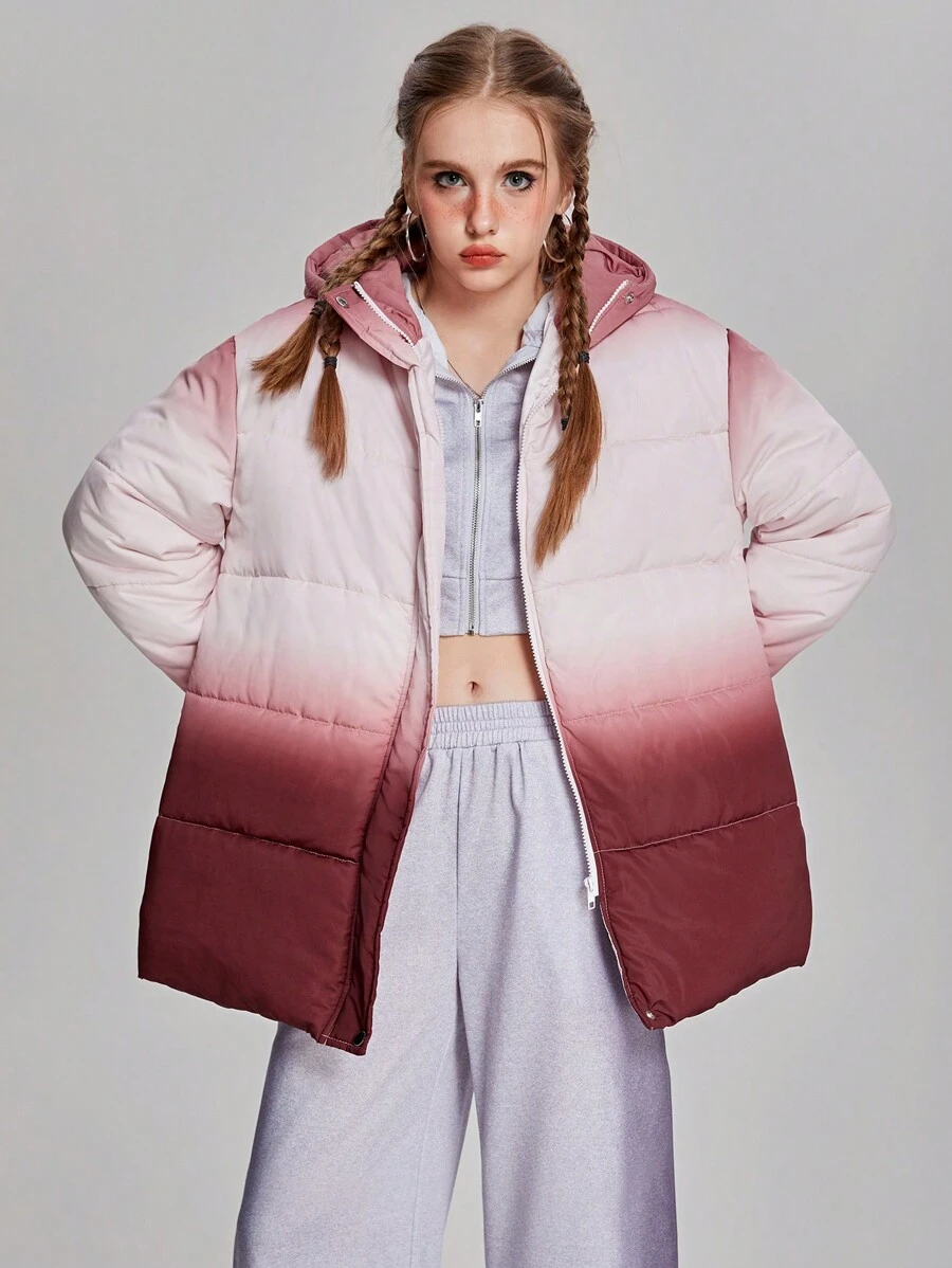 SHEIN 青少年女孩中性款大廓型漸層抽繩連帽長版加厚保暖冬外套 - 紅色 - 查看 1