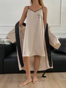 DAZY Contrast Color Satin Letter Print Slip Dress & Robe Pajama Set - Khaki - View 3