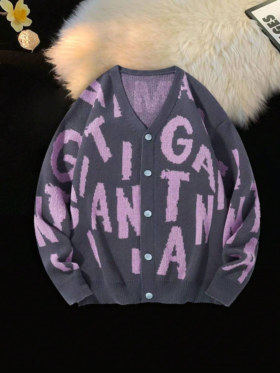 Claim Dot Áo cardigan dáng rộng họa tiết chữ dài tay dáng rộng cho nam cho mùa thu đông - Màu xám đen - Xem 1