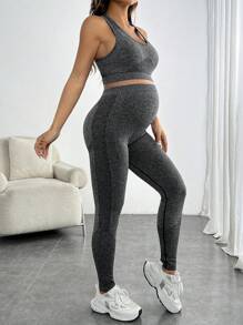 SHEIN Maternity Marled Print Racerback Crop Tank Top & High Waist Leggings Active Set - Grey - View 7