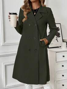 Chiquease H 形纯色长袖中长款女式风衣 - 軍綠色 - 查看 4