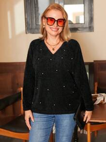 Damen Pullover in Große Größen mit V-Ausschnitt, Langarm und Perlenverzierung, Herbst/Winter - Schwarz - Übersicht 4