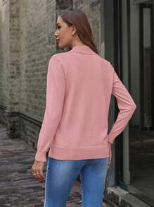 SHEIN LUNE Áo khoác cardigan dài tay màu trơn cho nữ, trang phục thường ngày, áo dài tay - Hồng - Xem 2