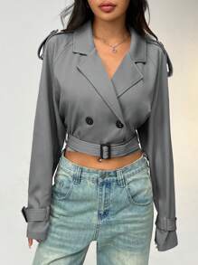 Muchica 女式纯色插肩袖长袖双排扣休闲短款风衣，秋冬 - 灰色 - 查看 4