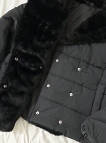 Chiquease Casaco Acolchoado Curto de Manga Longa com Bolso de Botão Felpudo em Estilo de Retalhos de Cor Sólida, Roupas de Inverno