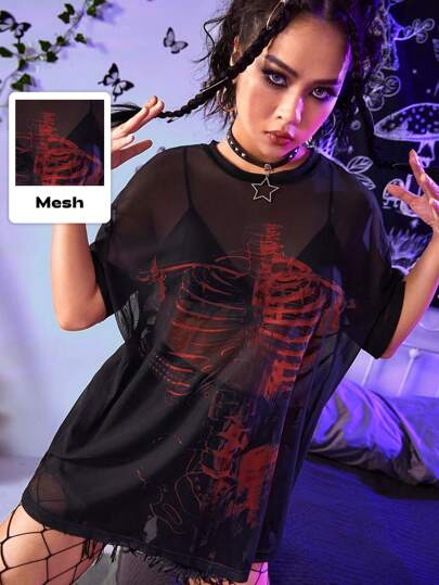 Grunge Punk Skeleton Print Mesh Top, School