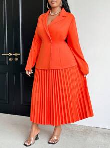 Maweii Plus Size Women's Solid Color Notched Collar Long Sleeve Blazer Jacket And Pleated Mini Skirt Elegant Suit - Orange - View 1