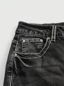 ROMWE Goth 水钻装饰翅膀口袋刺绣喇叭裤腿休闲低腰牛仔裤 - 灰色 - 查看 4