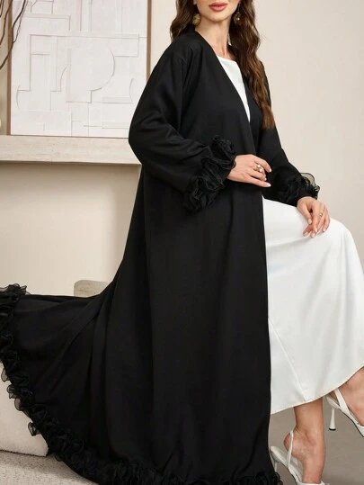 Al Najma 纯色立领花卉装饰喇叭袖开衫，优雅长款适中的长袖阿拉伯长袍，适合日常休闲/晚会