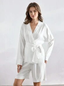 Ocili 女士纯色抽绳长袖休闲衬衫和短裤家居服套装 - 白色 - 查看 6