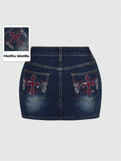 Grunge Punk Große Größen Y2K-Sommer Denim Minirock mit Tasche, Kreuz- und Flügel-Strass-Verzierung, Schuloutfit