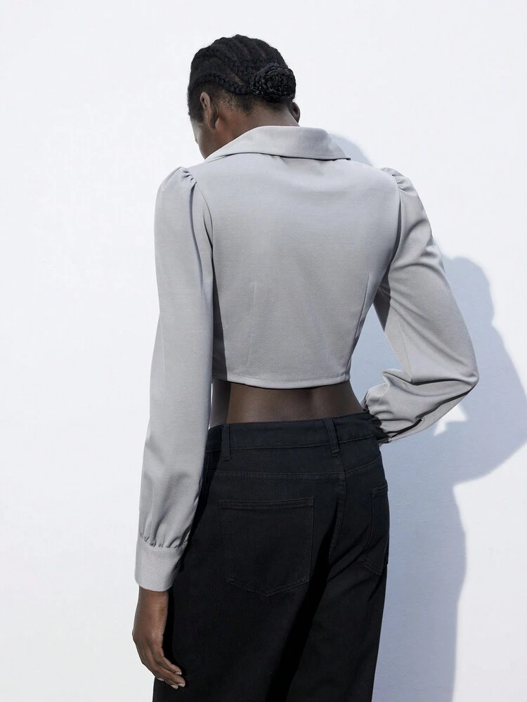 SHEIN Maija Women's Spring/Autumn Long Sleeve Asymmetrical Hem Fashionable Cropped Fitted Shirt