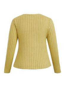 SHEIN Clasi Plus Size Solid Color Front Button Long Sleeve Faux Pocket Simple Blouse And Mini Skirt Set - Mustard Yellow - View 3