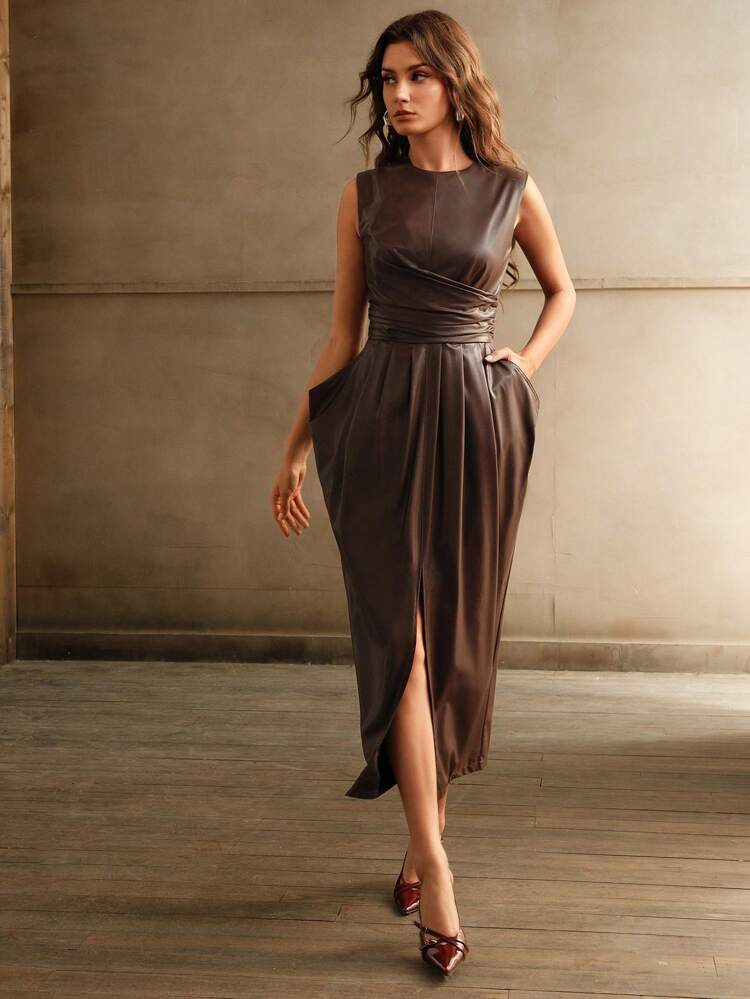 Stylish Lightweight Faux Leather Textured Sleeveless Pleated Dress For Women Maxi Women Outfit
