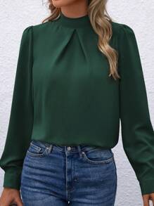 SHEIN LUNE Women's Solid Color Stand Collar Long Sleeve Elegant Blouse, Spring And Autumn,Long Sleeve Tops - Dark Green - View 4