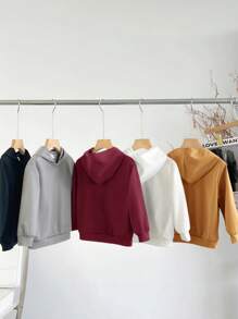 SHEIN 5 件装男童休闲纯色连帽衫，舒适百搭，适合日常穿着、上学、运动、度假 - 非常适合春季、秋季和冬季 - 紅色 - 查看 2