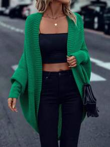 女士纯色长袖开衫，简约休闲上衣，适合日常穿着 - 綠色 - 查看 4