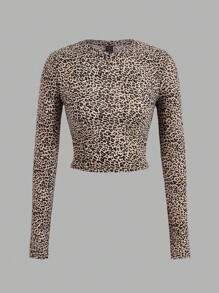 SHEIN Essnce 4pcs/Set Women's Leopard Print & Solid Color Casual Minimal Pattern Round Neck Long Sleeve Slim Cropped T-Shirt Tops - Multicolor - View 4
