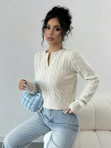 Selianne Women V-Neck Long Sleeve Solid Color Casual Cropped Sweater, Autumn/Winter,Long Sleeve Tops Knit Pullover Fall Outfit - Khaki - View 6