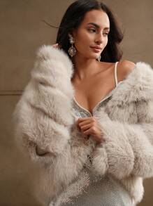 Anewsta Women's Elegant Fluffy Collar Short Jacket - Beige - View 3