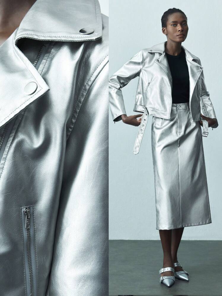 SHEIN Maija Women s Fashionable Metallic Biker Jacket Spring Autumn