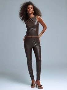 MUSERA Áo tank top cổ tròn bằng da PU gợi cảm, thích hợp mặc thường ngày vào mùa hè, lễ hội, kỳ nghỉ xuân. - màu nâu - Xem 4